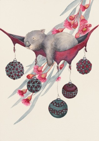 This wombat has given its hammock a rather Christmas festive appeal. Prints of my original painting are available at: https://pjpaintings.com/collections/christmas/products/christmas-christmas-siesta