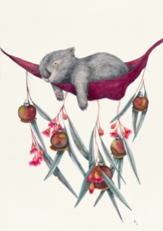 A relaxing wombat print https://pjpaintings.com/collections/wombats/products/sleepy-head-series-wombat-lazy-days